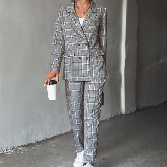 Multi color Womens Plaid Double Breasted Blazer And Pants Set - Picture 3 of 3